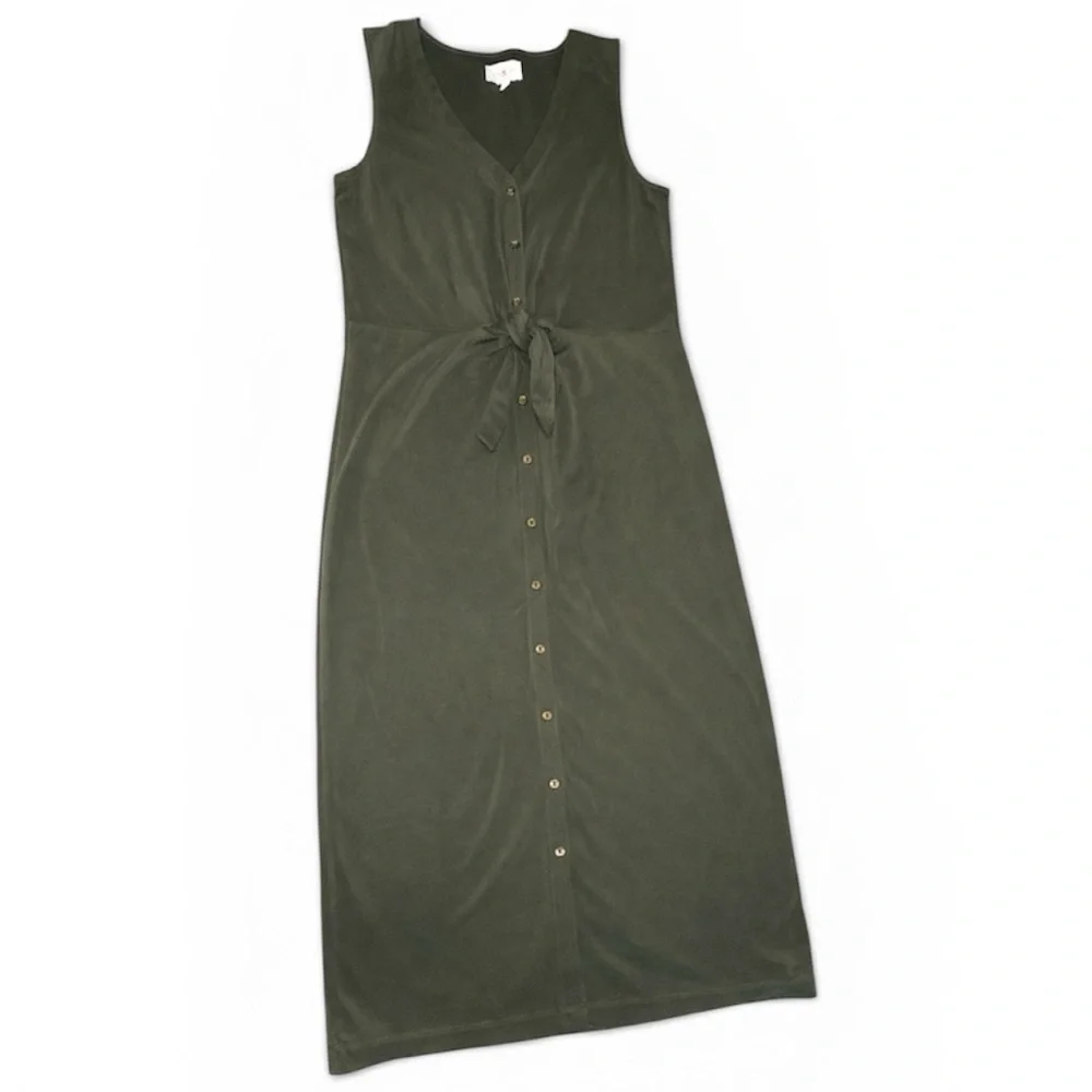 Lou & Grey Olive Gray Modal Blend Button Front Midi Dress Tie Waist Size Small - Picture 2 of 8